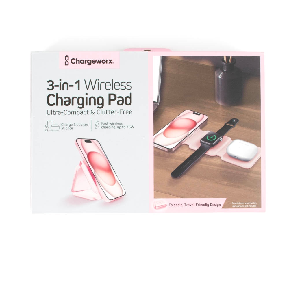 Power Supply/Adapter, Tech, Chargeworx, 3-in-1, Folding, Wireless, Charging pad, 985502, Pink